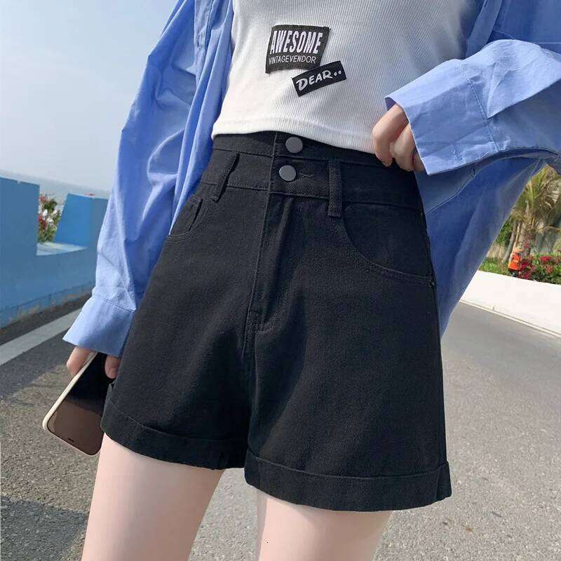 High Waist Denim Women Shorts Jean Spliced Loose Fit Pockets Washed Zipper Fly Solid Buttons Casual 2025 Distressed H260207-image-1094510540