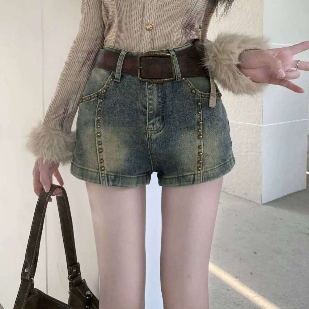 Sexy Riveted Denim Women's Summer 2025 New High Waist Loose Wide Leg Hot Pants Straight Jean Shorts H260207-image-1094510098