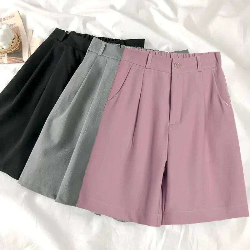 Casual High Waist Wide Leg Suit Women Korean Fashion Loose Solid Summer Office Ladies Black Thin Shorts H260207-image-1094511426