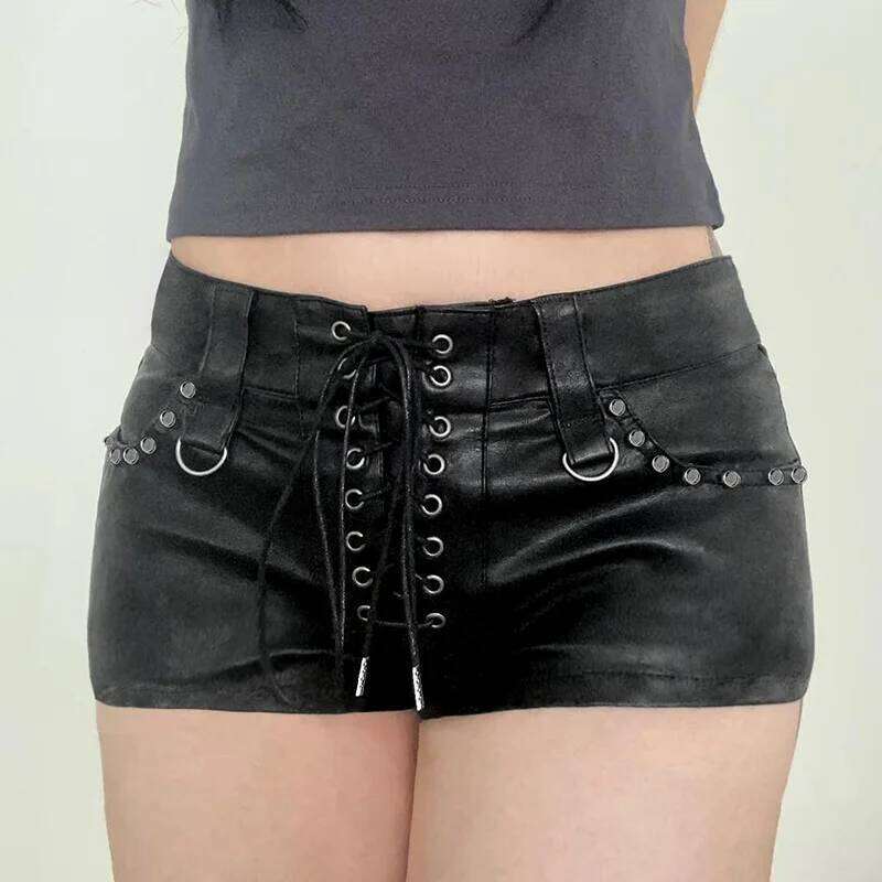 Sexy Straps Tight Hip Women's Autumn and Winter Fashion Low Waist Pu Leather Booty Shorts H260207-image-1094511715