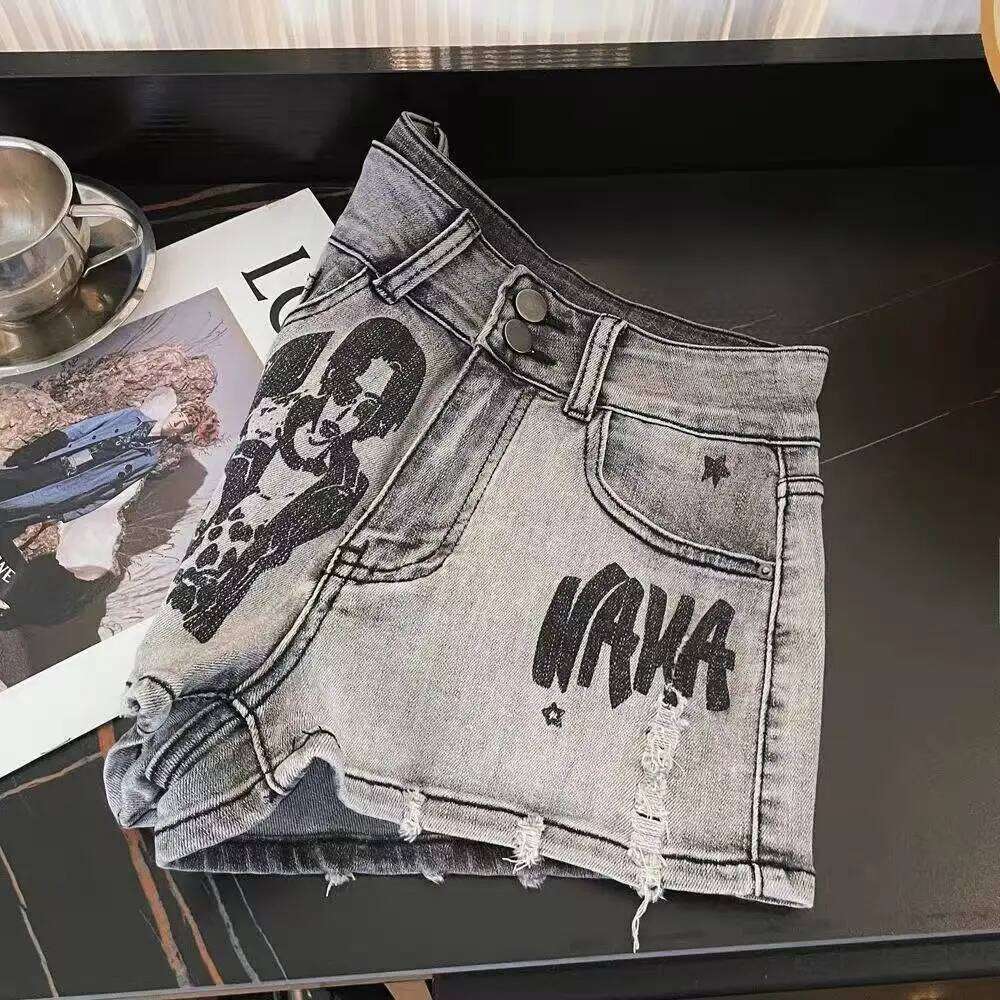 Retro Spice Girl Style Denim Shorts Women's New Mid Waist Slim Elastic Skull Printed Sexy Y2k Super Short Hot Pants H260207-image-1094510045