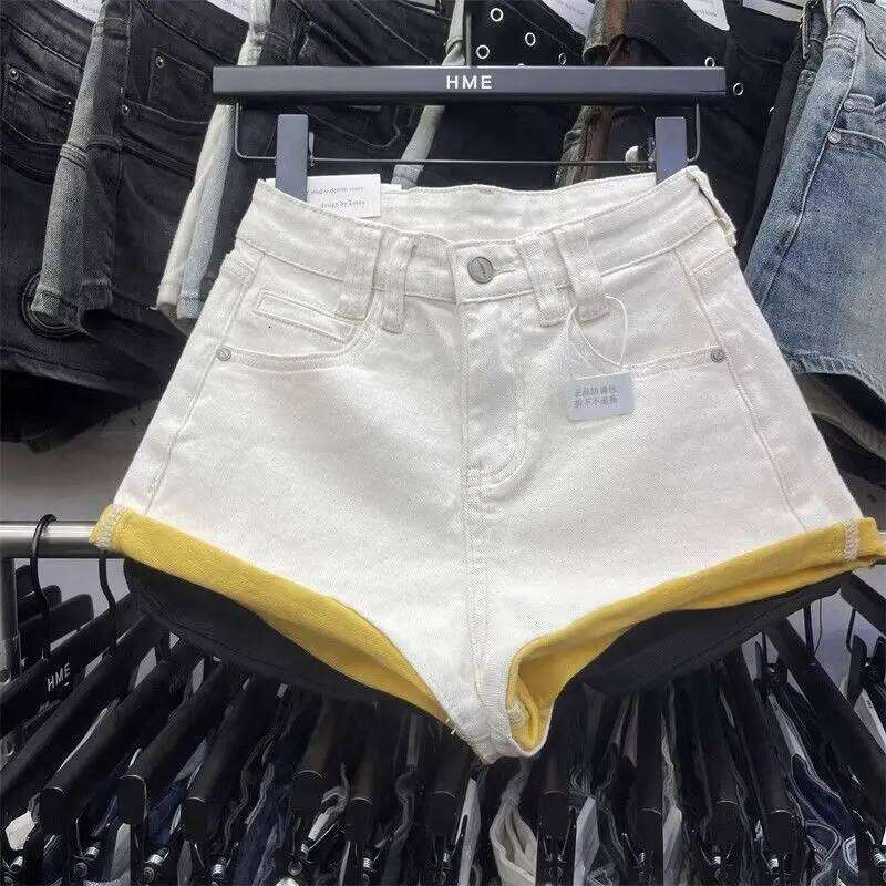 Summer 2025 New Contrasting Color Elastic High Waist Apricot Denim Women's Curling Jeans Hot Pants Booty Shorts H260207-image-1094511921