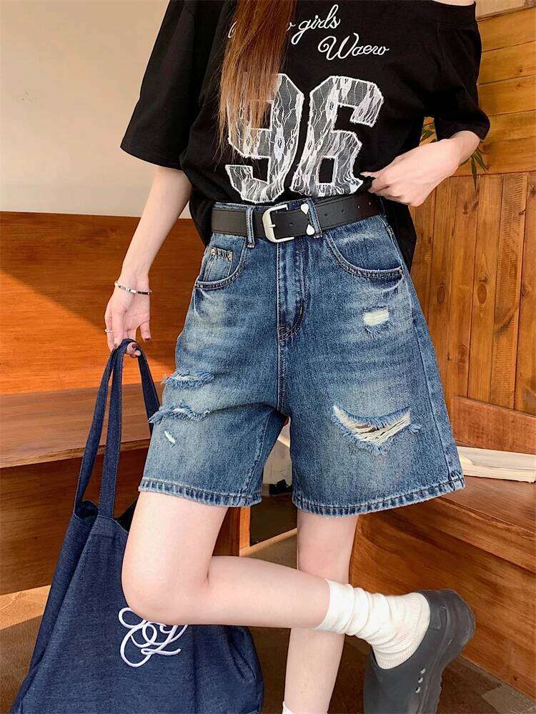 2025 Summer American Vintage Distressed Knee Length Denim Women's New Chic High-waist Loose Slimming Straight-leg Shorts H260207-image-1094510593