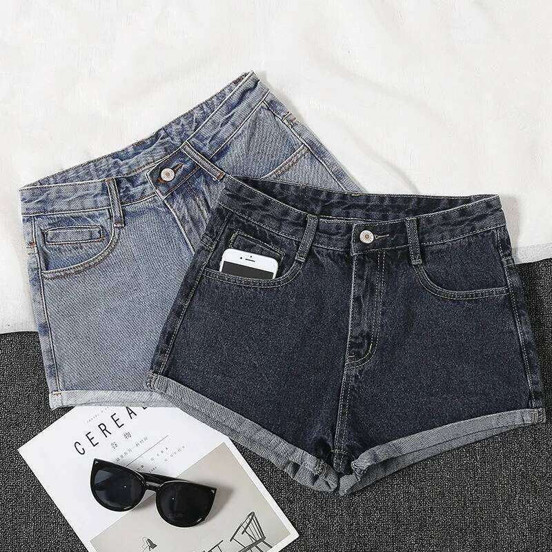 Korean Ultra-fire Crimped High-waisted Denim Women's Summer Loose Black and Gray Wide-leg Pants Jeans Shorts H260207-image-1094511616