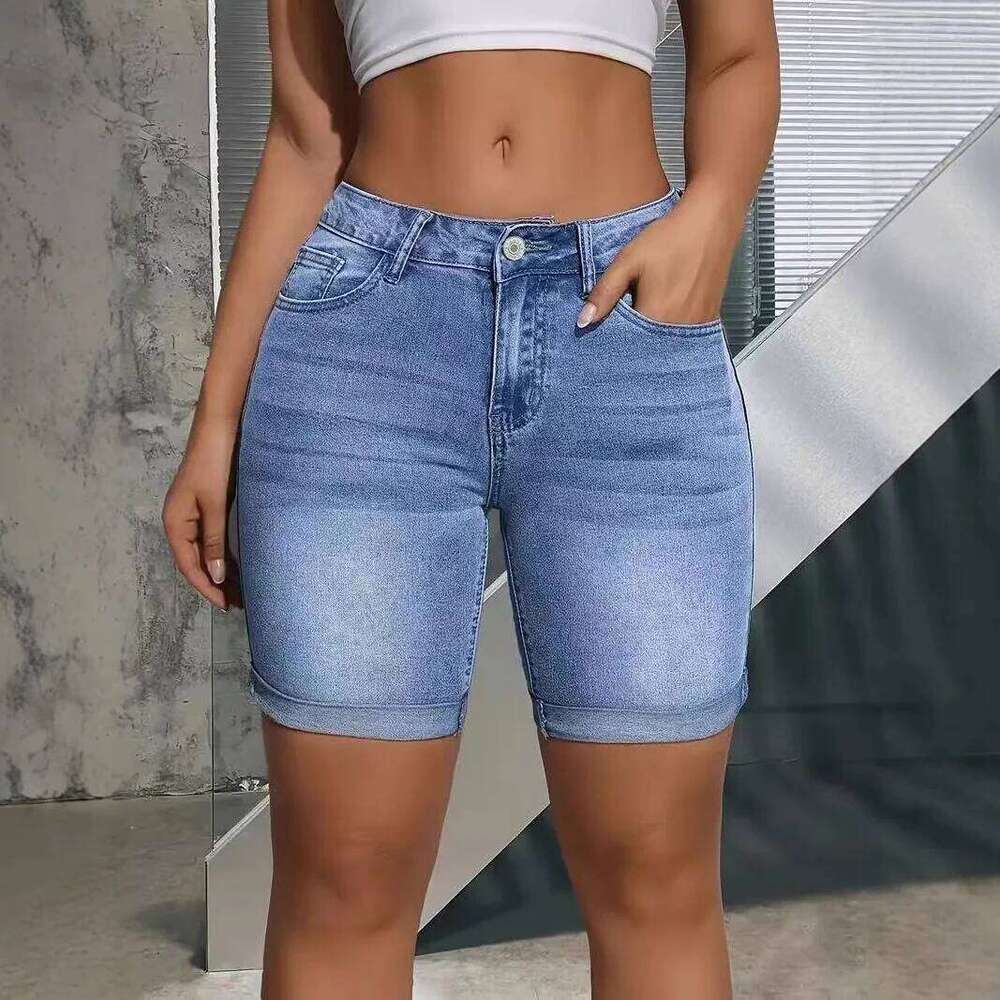 Bleached Jeans Shorts Denim Women Jean High Waist Spliced Pockets Washed Solid Vintage Basics Zipper Fly Skinny Summer 2025 H260207-image-1094511954