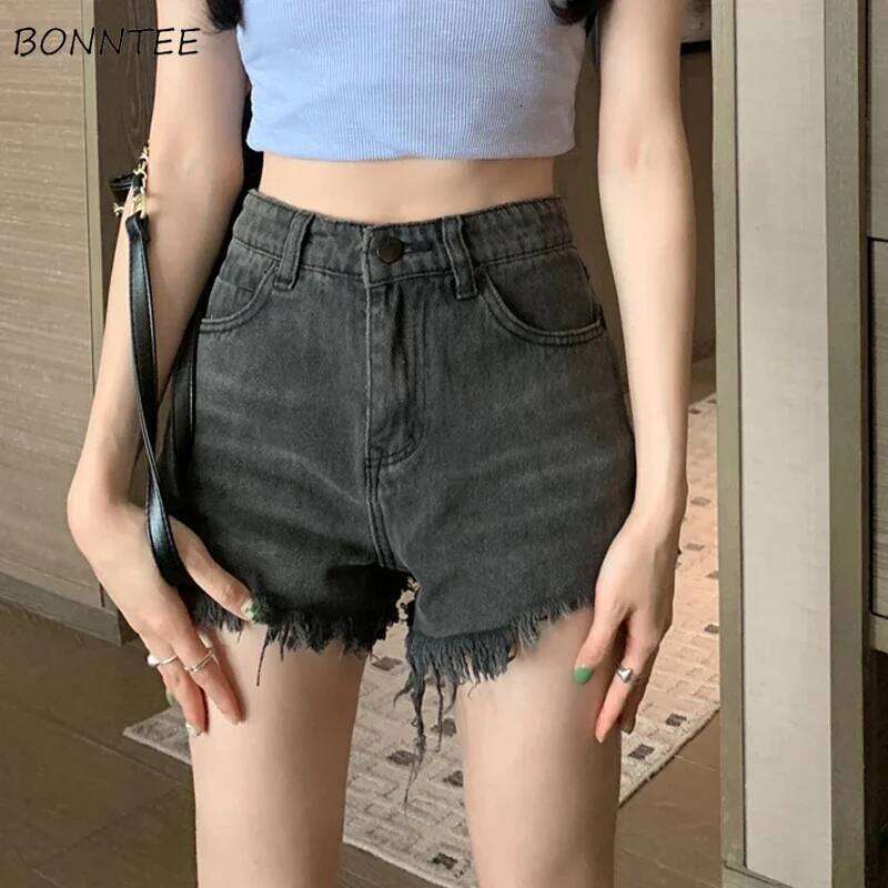 Shorts Women Tassel Side-slit Chic Design Denim Vintage Summer Slim Ins Hot Sale Schoolgirl Basic Pockets Daily Solid Fashion H260207-image-1094511568