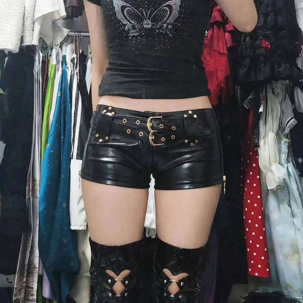 Retro Nightclub Sexy Y2k Super Low Waist Rivet Hip PU Leather Booty Shorts 2025 Autumn Winter New H260207-image-1094511716