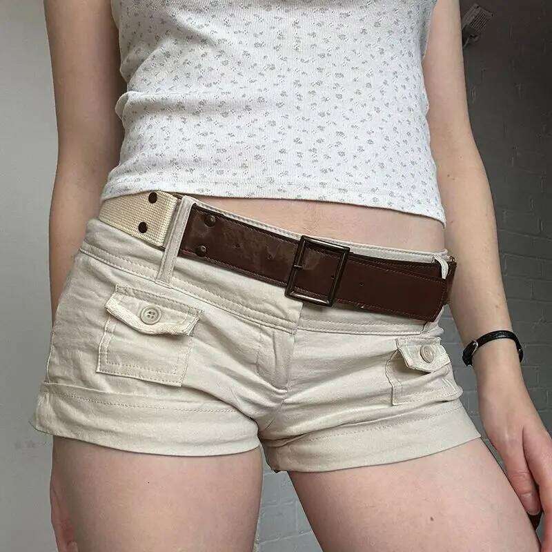 American Retro Button Pocket Tooling Shorts Women Waist Hot Casual Pants H260207-image-1094510973