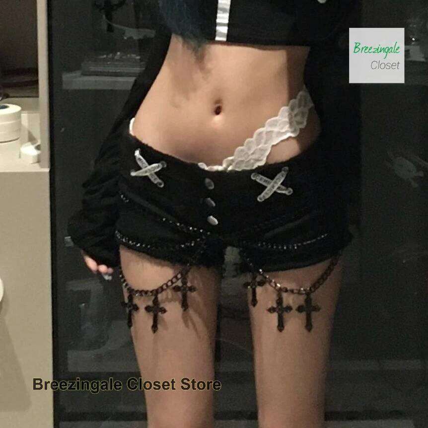 American y2k plus size washed ribbon cross-burr denim shorts women's summer new spice girls low waist slim slimming hot pants. H260207-image-1094510842