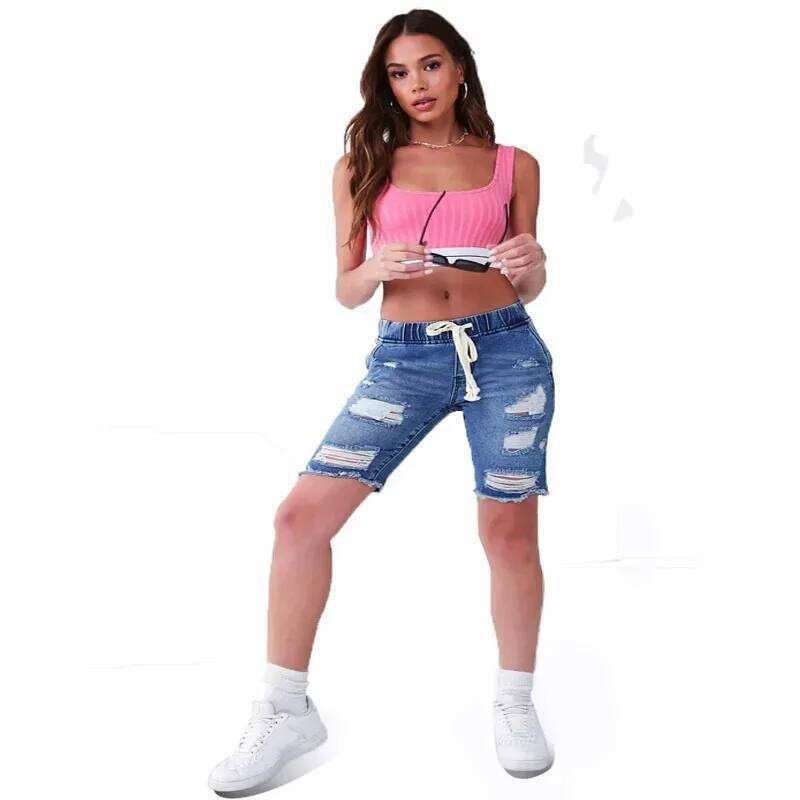 Shorts.Washed Ripped Mid-length Washed Jeans,New Fashionable Elastic Waist Drawstring Short Jeans for Women in Spring and Summer H260207-image-1094510124