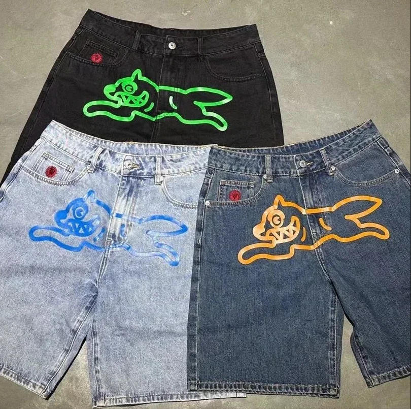 designer Mens Baggy Jeans Flying Dog Pattern Print Denim Shorts High Street Hip Hop Vintage Washed Jeans Women-image-1105955504
