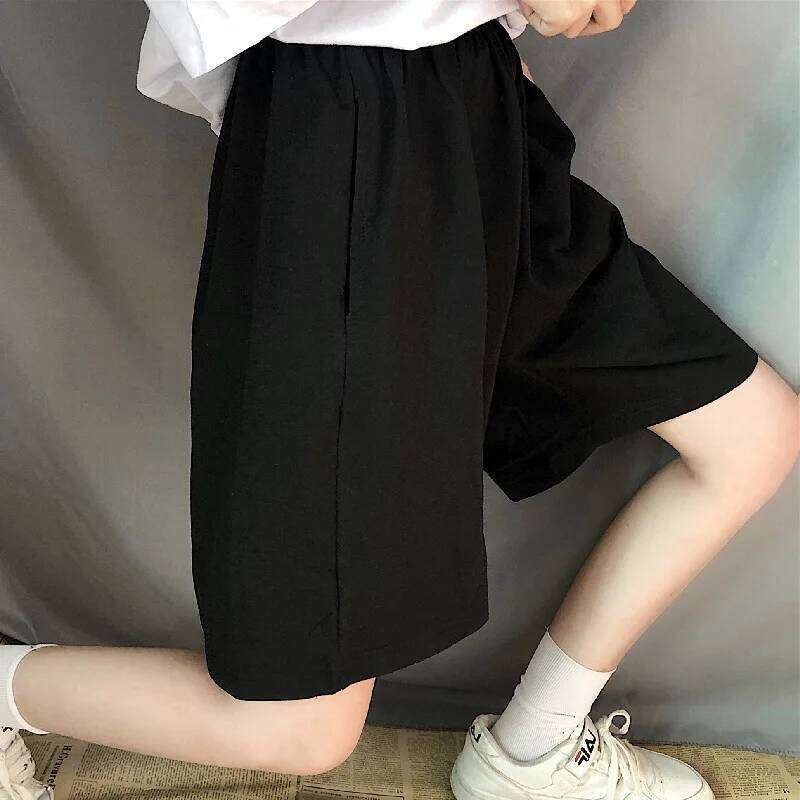 Y2k Summer Black Women Fashion Ladies Elastic Pant High Waist Streetwear Wide-leg Oversize Simple Unisex Short H260207-image-1094509953