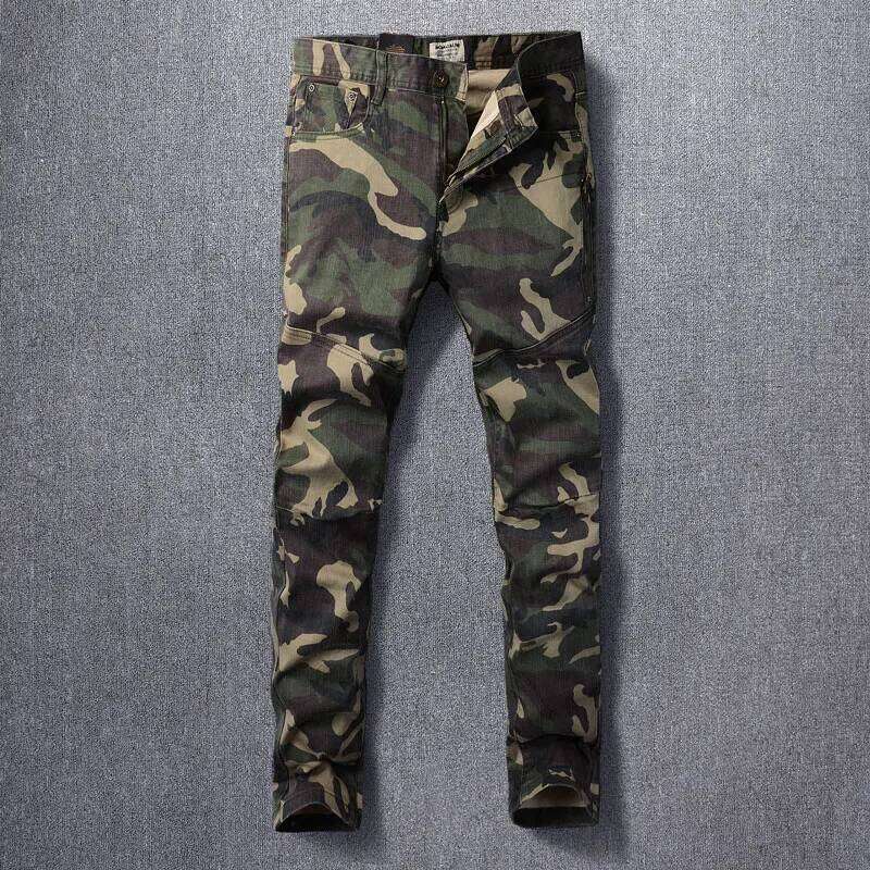 Designer Fashion High Quty Camo Stret Slim Fit Jeans Men Side Pocket Spliced Hip Hop Denim Pencil Pants L26924