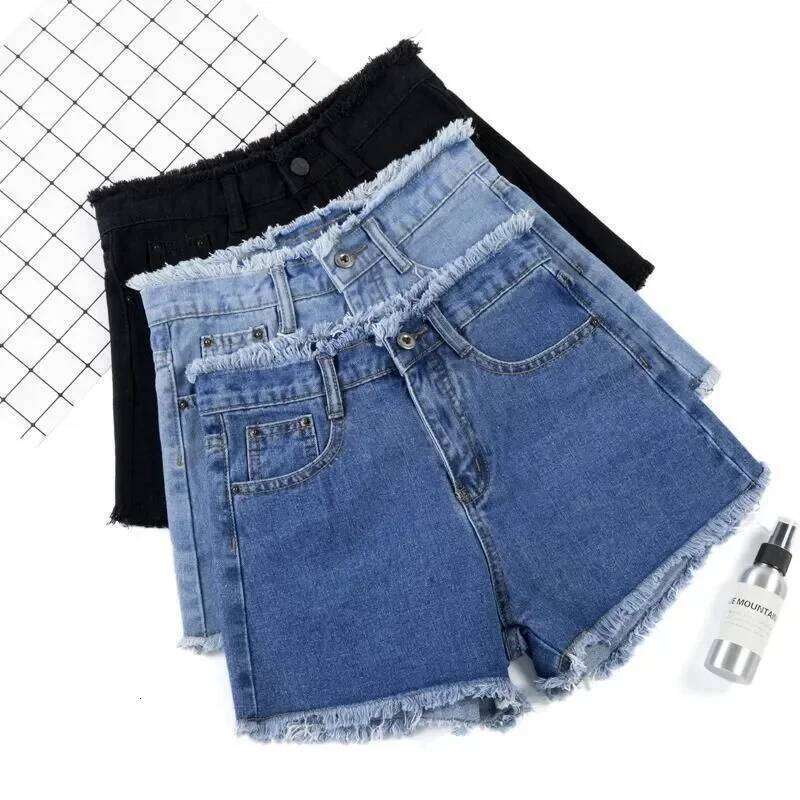 2025 Summer Woman High Haist Shorts Fashion Rough-edges Denim Short Schoolgirl Casual Pants Blue Black White Jeans H260207-image-1094510146