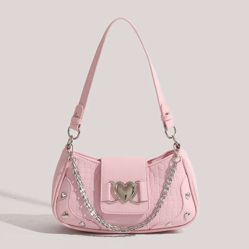 Sacs pour femmes rose simple épaule chaîne en métal coeur décoration Y2K Style sous les bras sac beauté dame mode sacs à main Z260207