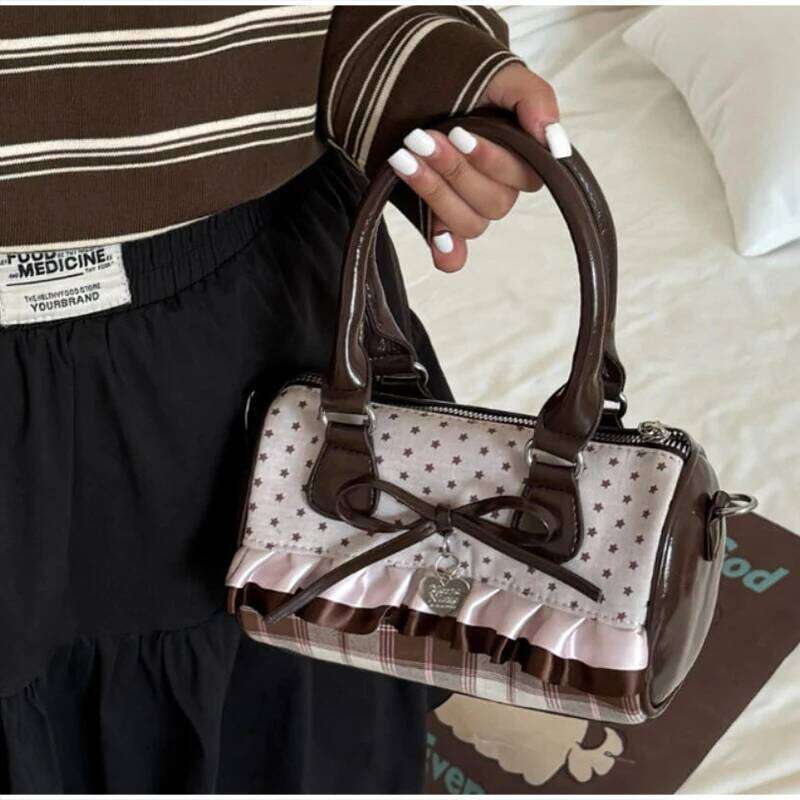 Cute Polka Dot Mini Handbag Brown Bow Design Ruffle Shoulder Sweet Plaid Detail Small Tote Purse Women Casual Crossbody Bag Z260207