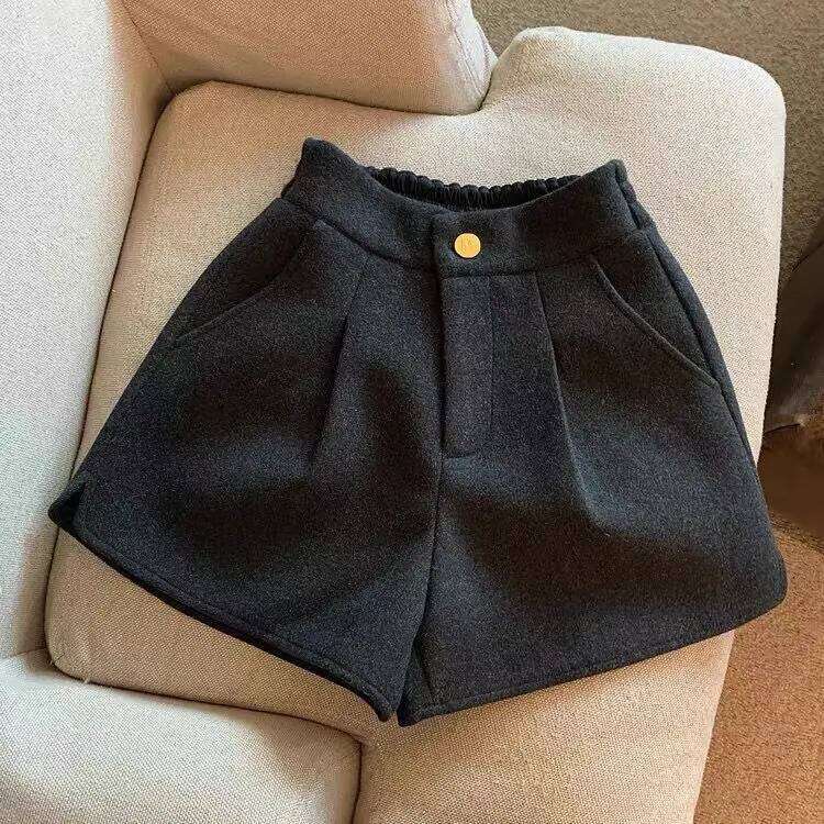 2024 Autumn Winter New Thick Woolen Shorts Korean Loose High Waisted Split Wide Leg Casual Outerwear Boots Pants Women H260207-image-1094510683