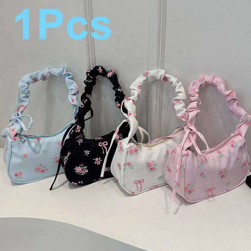 2025 Été Femmes Aisselles Sacs Toile Plissée Cordon Bourse Esthétique Floral Bow Design Y2K Jolie Mode Épaule Sacs À Main Z260207