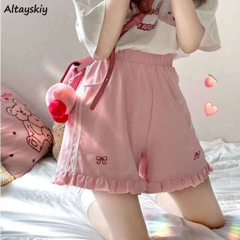 Sporty Shorts Women Ruffles Kawaii Bows Japanese Style Casual Loose Soft High Waist Summer Students Simple Fashion Popular Chic XJ260206-image-1094480152