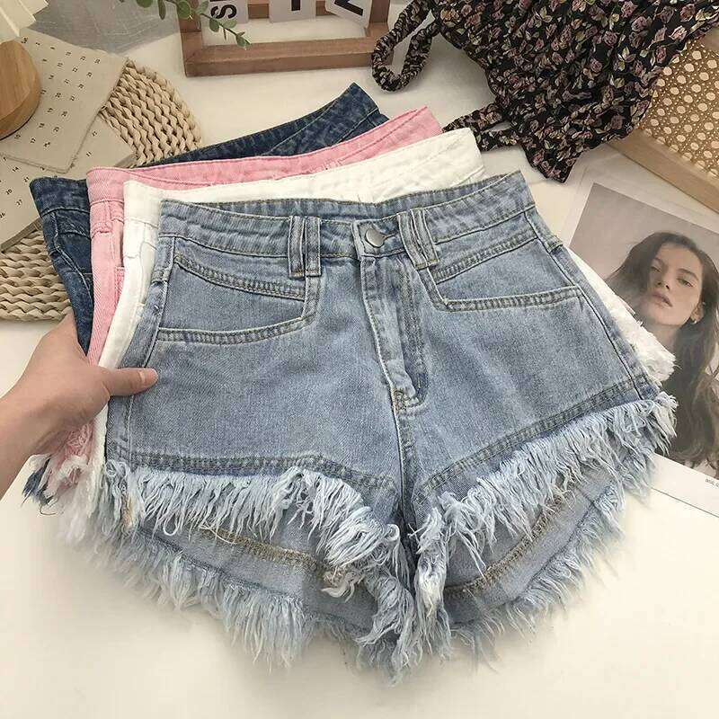 2026 Summer New Women's High Waist Tassel Denim Jeans Ruffled Fringe Perforated Hot Pants Shorts XJ260206-image-1094479201