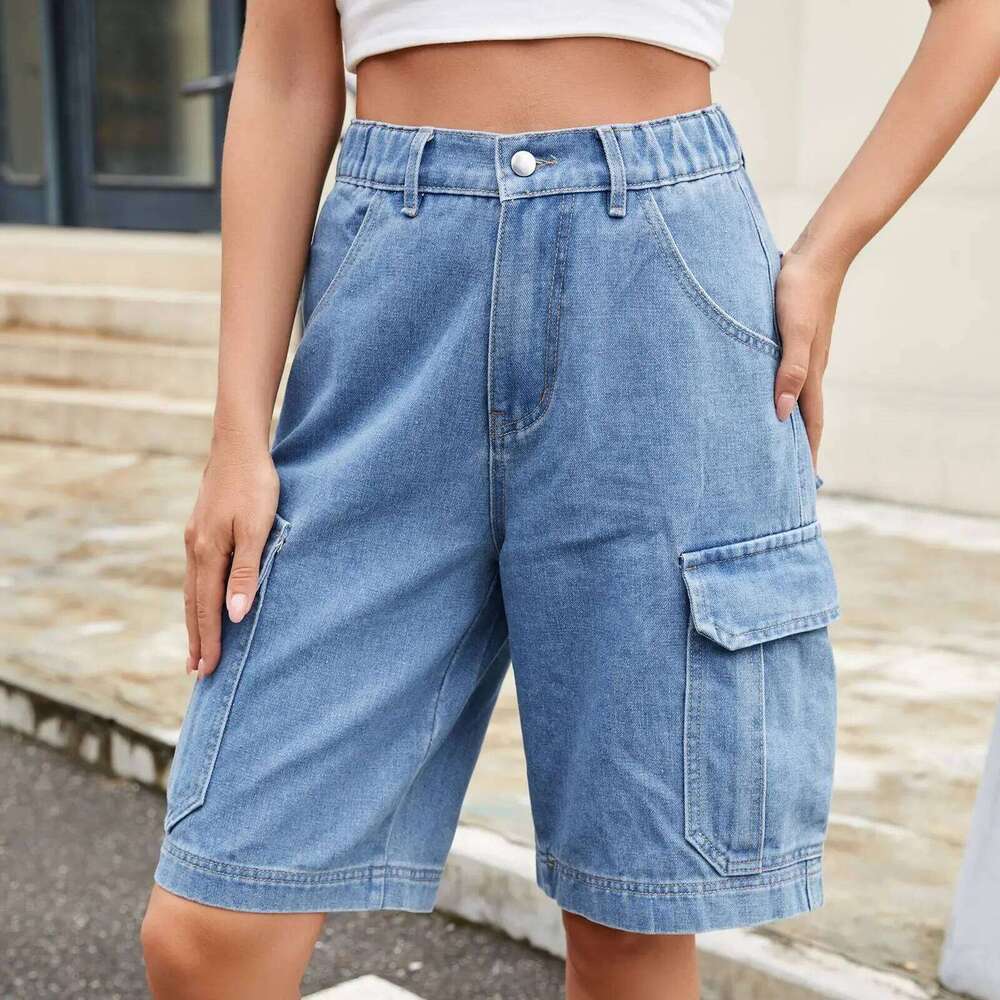 Jeans Women Cargo Pants Elastic Waist Washed Distressed Multiple Pockets Knee Length Shorts Streetwear Straight Denims H260207-image-1094510022