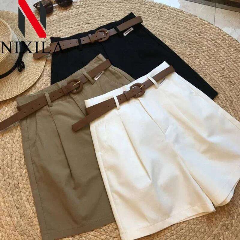 Summer New Wide Leg for Women 2024 Thin Cotton A Line Short Pants Office Lady Classic Loose Casual Zipper Womens Shorts H260207-image-1094511902