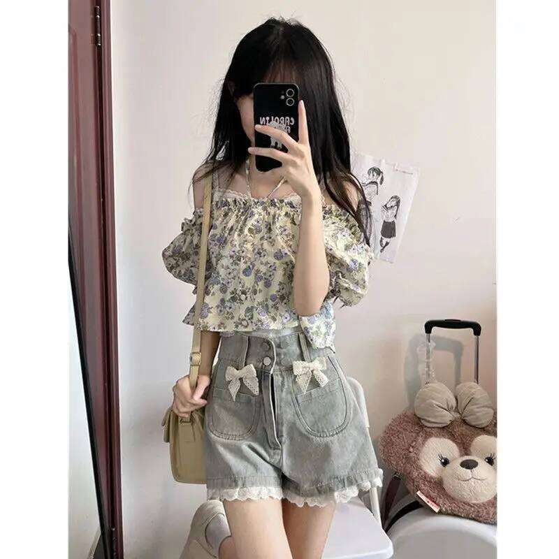 Denim Shorts Women 2025 Summer Sweet Bow Spliced Lace Hem High Waisted Short Jeans Japanese Kawaii All Match Streetwear H260207-image-1094510239