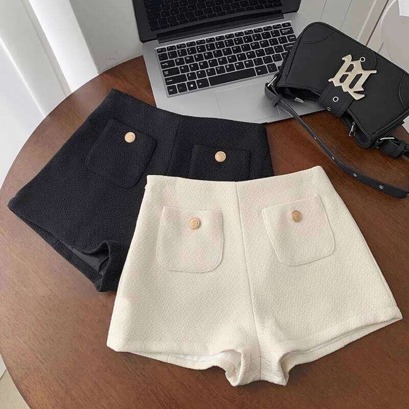 Tweed Black Women Autumn Winter Warm High Waist Chic Korean Fashion All Match White Straight Shorts Female H260207-image-1094511153