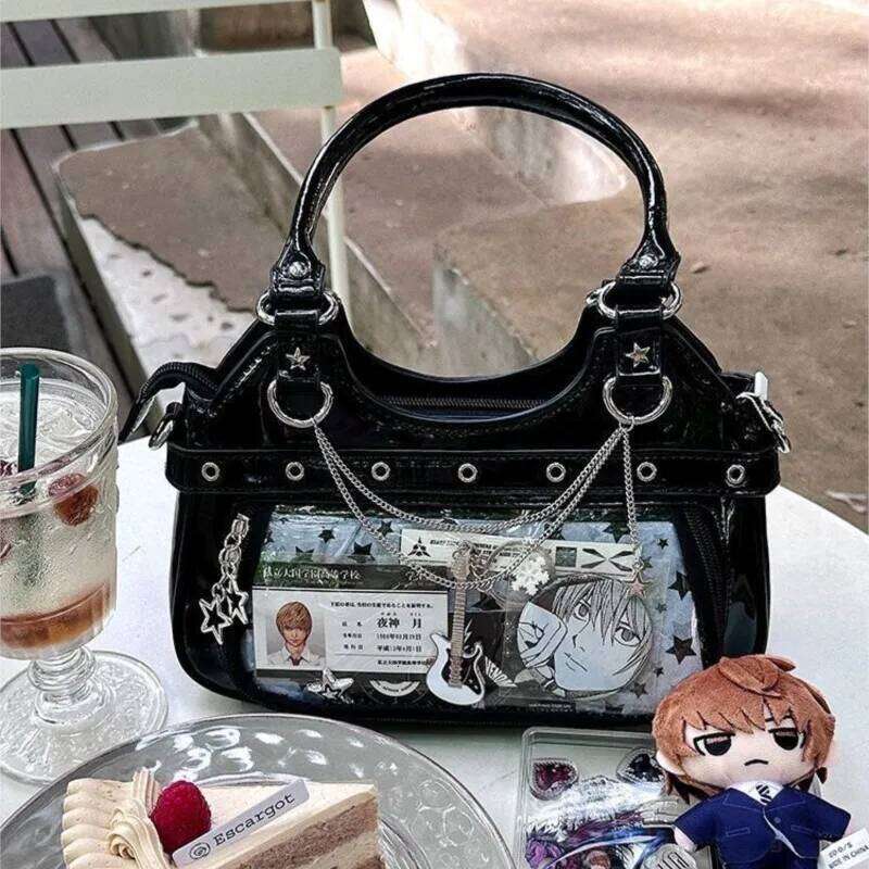 JIAERDI Harajuku Star Ita femmes Double sangle réglable en cuir transparent fourre-tout sac à main sous-culture quotidien polyvalent sac à bandou