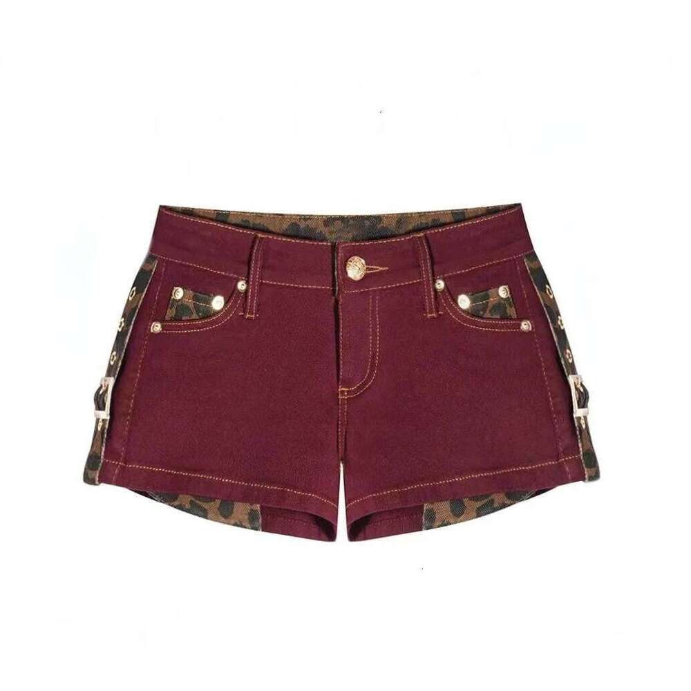 Low-rise Super Red Leopard Print Denim Y2k Hot Pants Jean Shorts Women H260207-image-1094510049