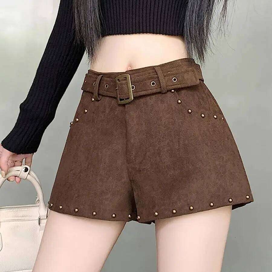 American Style Rivets Suede Women's Short Pants 2025 Autumn Winter New High Waist Slim Fit Hot Girl Trendy A-Line Chic Shorts H260207-image-1094510984