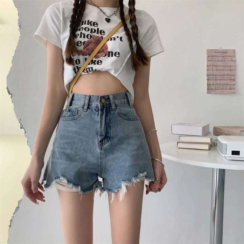 Women's denim shorts women's autumn new Korean version ripped hole high waist slim fit slimming A-line hot pants H260207-image-1094510455