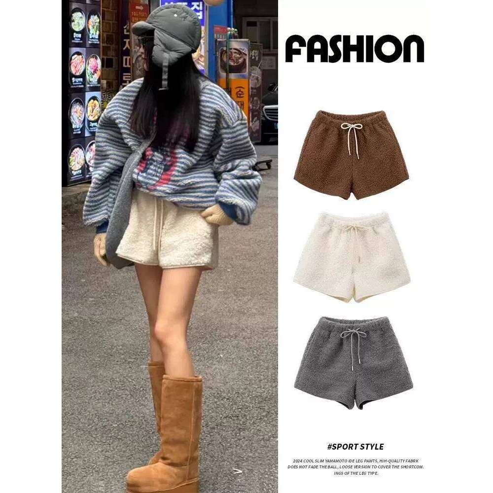 2026Women's Faux Lamb Fur High Waisted Outer Wear Hot Pants, Autumn Winter Warm Fleece Shorts Korean Fashion H260207-image-1094511895