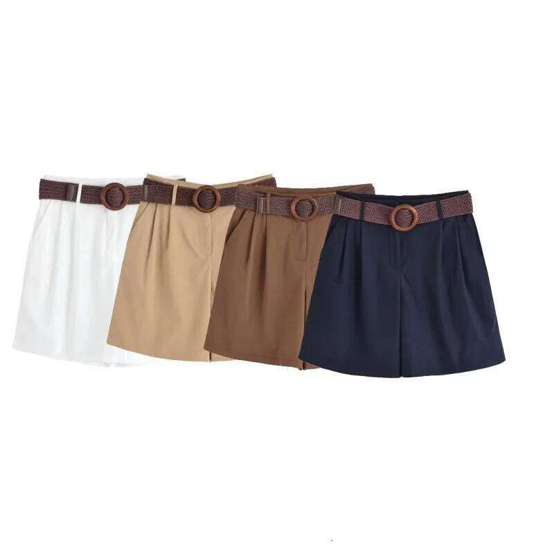 ETJ 2025 summer new women's holiday style fashion with belt loose version pleat five points casual shorts H260207-image-1094510812