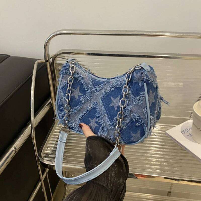 Casual Star Denim sacs à bandoulière pour femmes Plaid gland Cool filles chaudes sous les bras téléphone sac mode polyvalent femme sacs à main Z2