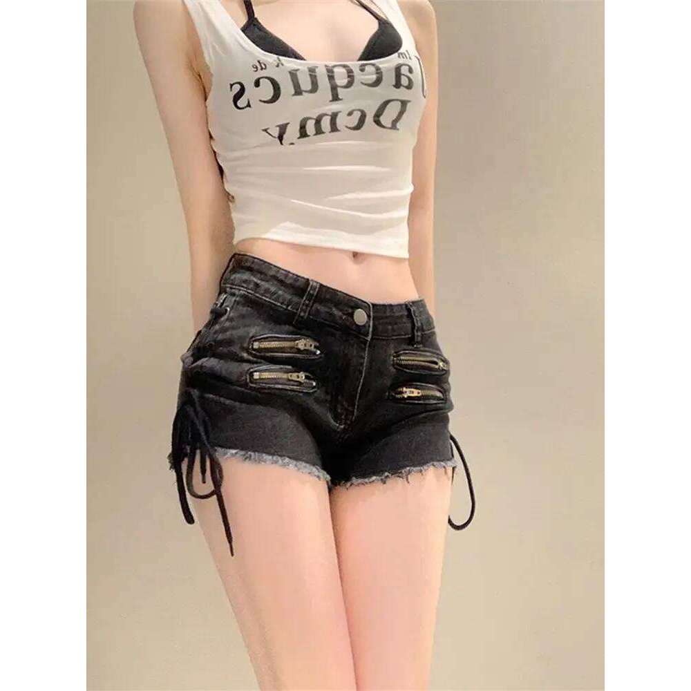 women's rough edge zipper strap ripped denim y2k black hot pants jean shorts H260207-image-1094510042