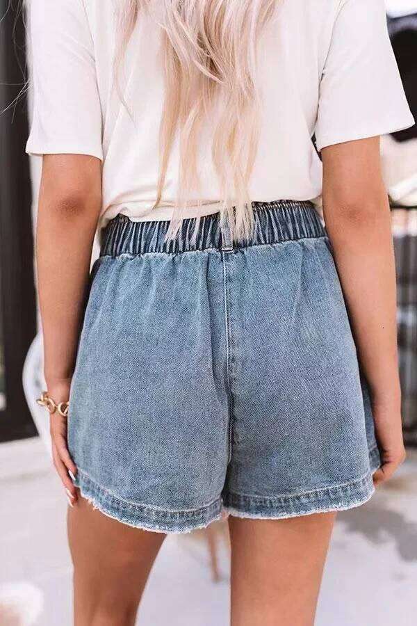 Elastic Waist Washed Loose Denim Shorts. New Summer Fashion and Temperament Pocket Insertion Casual High-waisted Short Jeans H260207-image-1094510349
