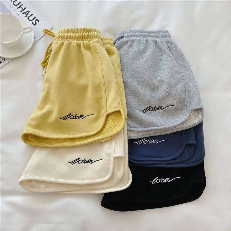 2026 Women Comfortable Loose Wide-legged Embroidered Drawstring A Pants Waist Slim Fit Casual Home Versatile Sports Shorts H260207-image-1094509937