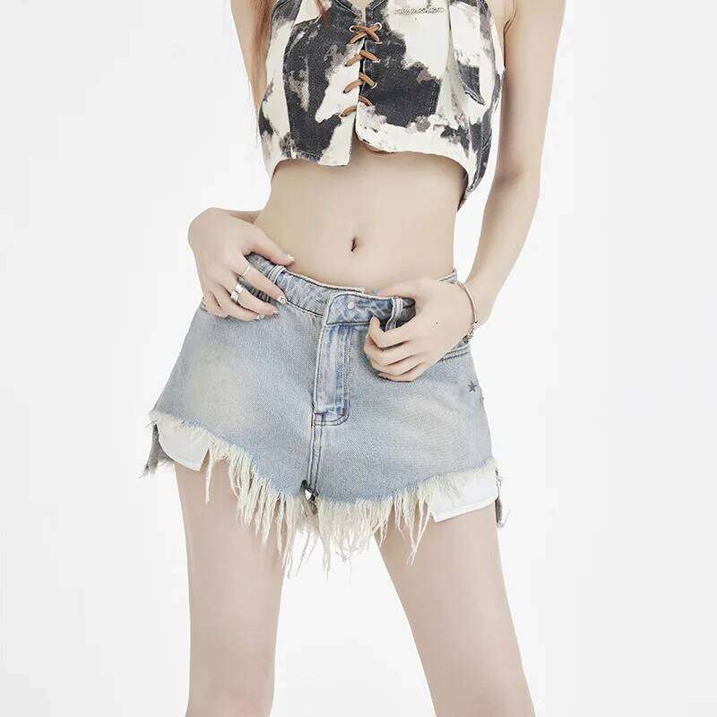 2025 High Street Summer New American Shorts, Women's Fashionable Washed Ripped Tassel Design Casual Loose Denim Shorts H260207-image-1094510116