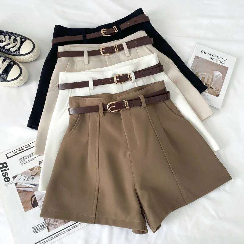 ITOOLIN Chic Slim Suit With Belted Casual High Waist A-line Office Shorts Vintage Women Straight Trousers Summer H260207-image-1094510681