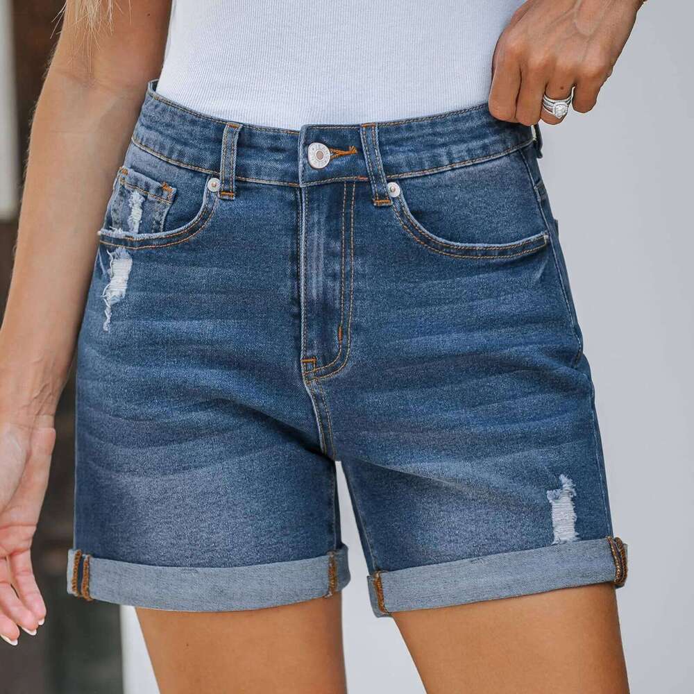 Shorts Women Streetwear Denims Straight Button Jeans Pockets Spliced Solid High Waist Lady Elegant Short Pants Skinny H260207-image-1094510379