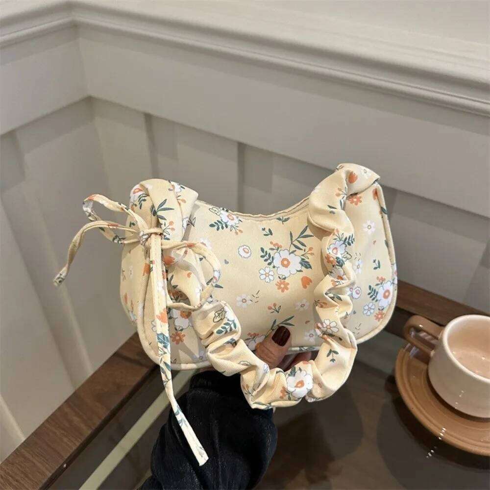 Casual Flower Pleated Underarm Nylon Zipper Floral Shoulder Bag Large Capacity Lightweight Handbags Girls Z260207
