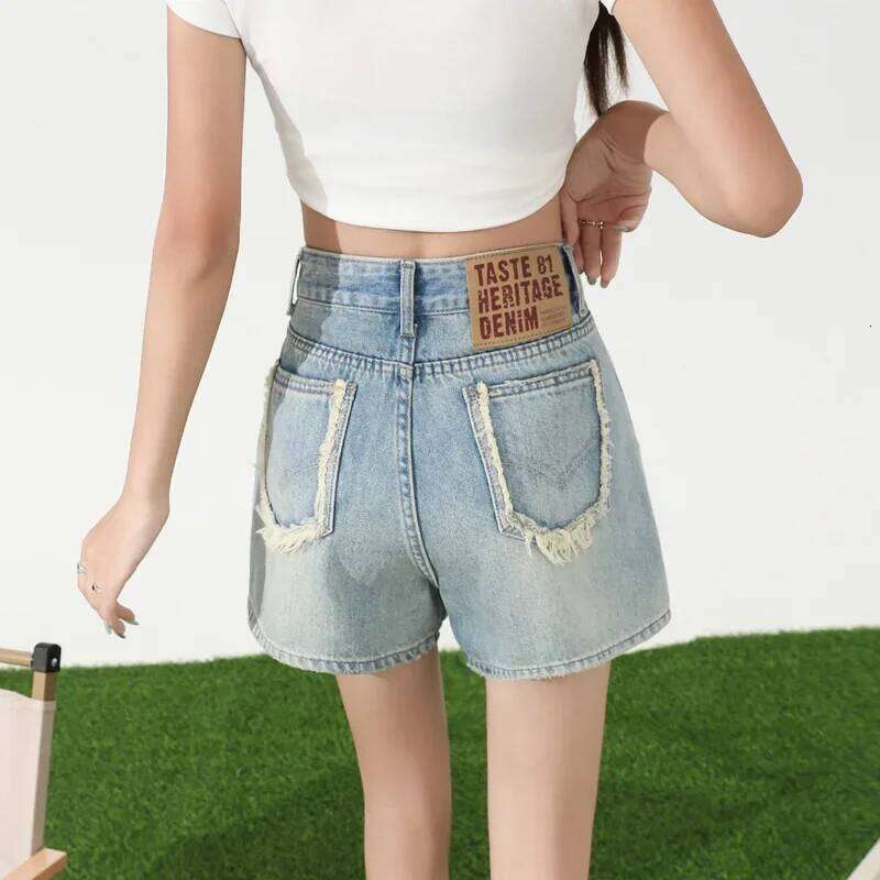 Niche Light Blue High-waisted Women's Loose Denim Shorts.Summer New Rough-edge Design Slim-fit Spice Girl A-line Pants for Women H260207-image-1094510102