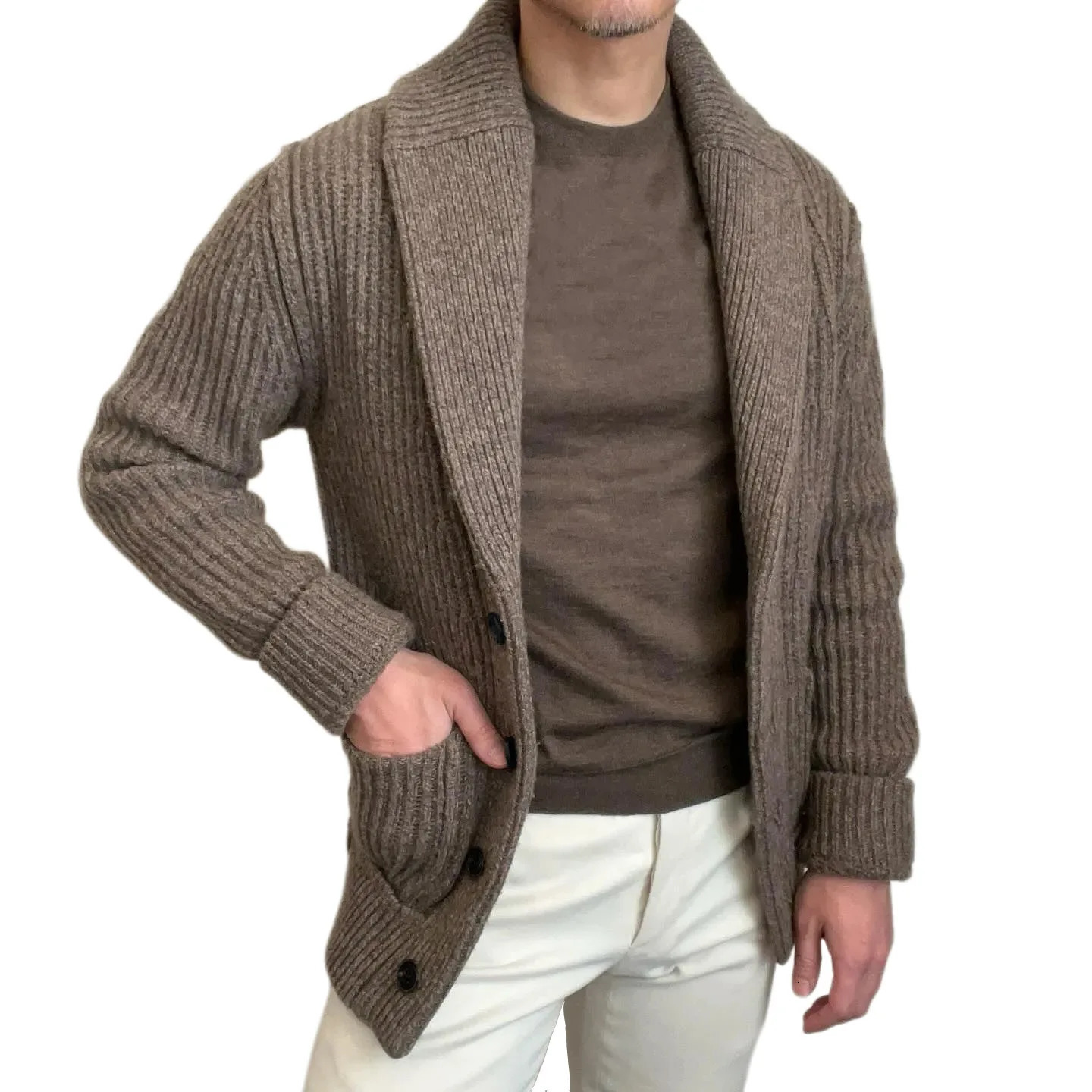 Vintage Fashion Men Knitted Cardigan Sweater Autumn Winter Warm Lapel Knitting Coat Casual Solid Slim Fit Knit Jacket Streetwear 260206BJ