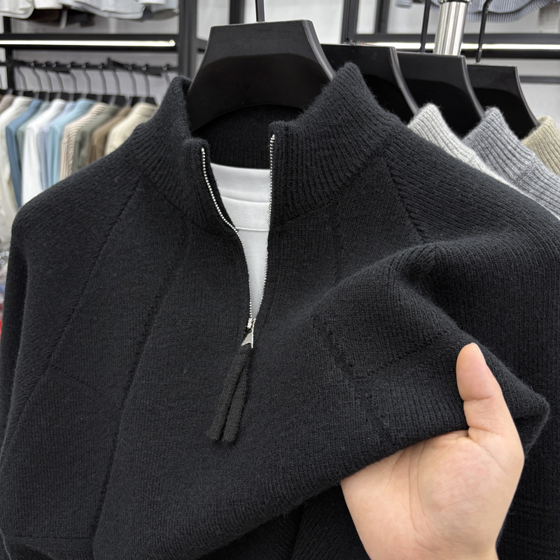 Fashion Sweaters 2026 Retro Jacquard Knit Sweater Quarter Zip High Neck Pullover for Autumn Winter Casual Solid Color Men's Clothing