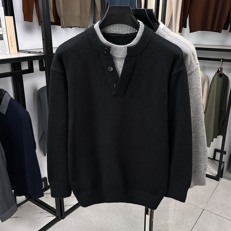 Luxury Fashion 2026 Men's American Vintage Pullover Mock Two Piece Layered Knitwear Oversized Casual Thickened Winter Sweater
