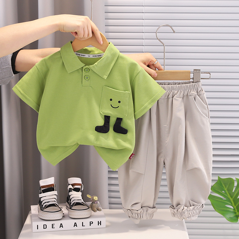 Kids Clothing Boys Summer Suit Toddler Outfits 2026 New Baby Boy Clothes 15T Pocket Turndown Collar Pullover Short Sleeve Tshirts Tops and Pants-image-1096297178
