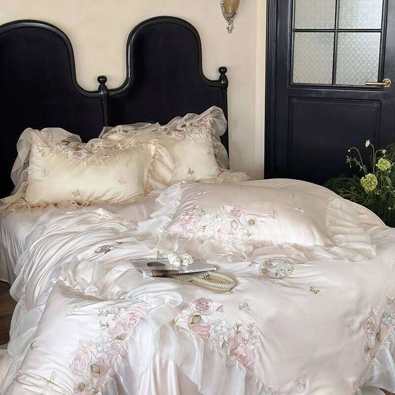 4Pcs Vintage French Lace Ruffles Flower Embroidery Lyocell Cotton Bedding Duvet Coves Set Bed Fitted Sheet Pillowcases S260207-image-1094585427