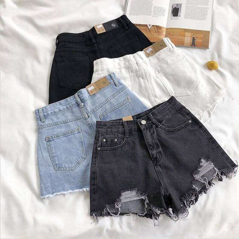 Korean Denim Holes Shorts For Women Fashion High WaistWide Leg Jeans Female Designer Casual Street Short 2024 New H260209-image-1094708141