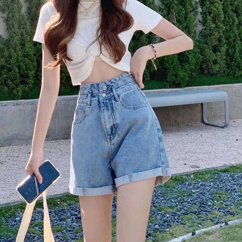 Women's summer thin denim shorts with loose fit high waist slimming effect wide legs and rolled edge hot pants for outerwear H260209-image-1094698291